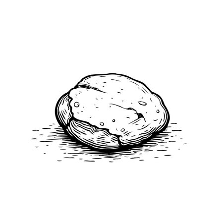 A meticulously rendered line drawing features a solitary potato, highlighting its textural intricacies and natural form. The artwork evokes a sense of rustic charm, capturing the essence of thisのイラスト素材