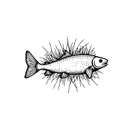 A meticulously crafted line illustration captures a salmon amidst a cluster of reeds, embodying an artistic and graphic rendition. This intricate piece showcases the essence of wildlife in aのイラスト素材