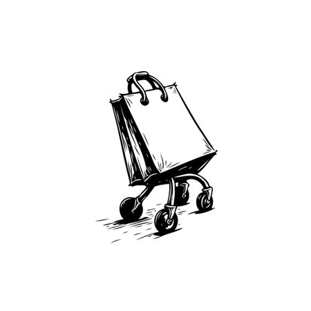 An expressive illustration of a shopping bag ingeniously fitted with wheels, capturing the essence of modern retail and consumerism with playful creativity. This whimsical design evokes a sense ofのイラスト素材