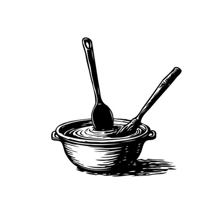 A detailed monochrome illustration depicts a vintage cooking pot filled with liquid, featuring a ladle and wooden spoon. This evokes a sense of traditional culinary practices offering nostalgia andのイラスト素材