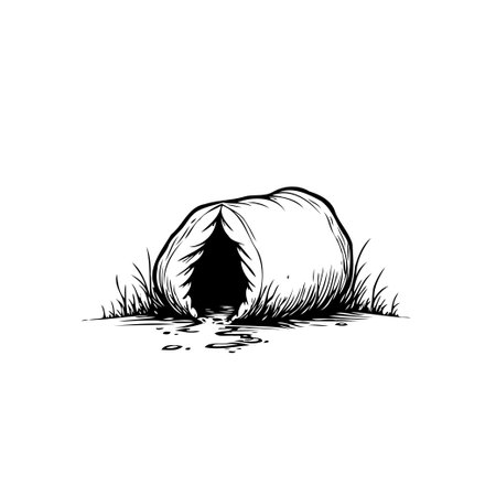 A monochrome illustration depicts a hollow rock with an opening, surrounded by grass. Water trickles from the entrance, adding to the natural and tranquil scene. The artwork captures a moment ofのイラスト素材