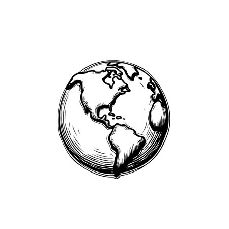 A minimalist sketch of the Earth, showcasing the continents of North and South America. The drawing employs hatching to give the sphere a dimensional effect, emphasizing the shape of landmasses andのイラスト素材