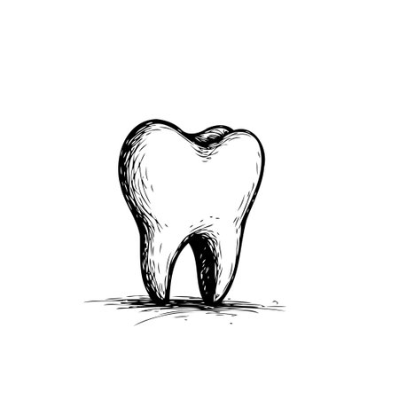 A detailed monochrome illustration of a molar tooth, emphasizing oral hygiene and dental health. The rendering provides insights into tooth anatomy, highlighting the enamel, dentin, and rootのイラスト素材