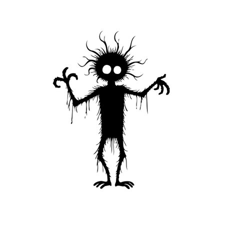 A silhouette of a strange, gangly monster with large eyes and spiky hair stands on a plain white background. Its arms are outstretched. The image conveys a whimsical and slightly eerie feel, perfectのイラスト素材