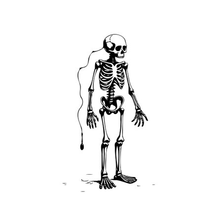 This monochrome drawing showcases a skeleton peacefully listening to music via headphones, offering an artistic exploration of anatomy, digital art and sound, blending life's energy with anatomicalのイラスト素材
