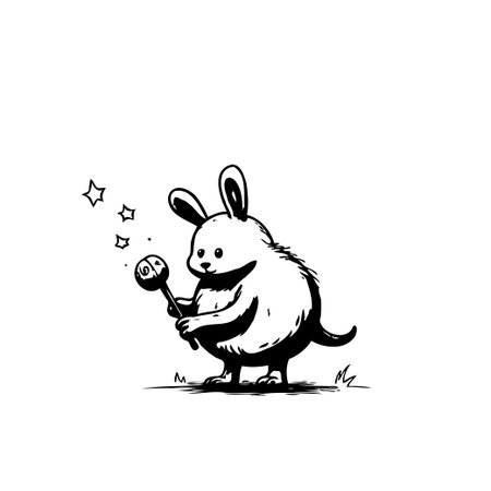 A delightful illustration showcases a whimsical rabbit holding a lollipop. As it does, it seems to conjure playful stars. This artwork radiates childlike innocence and happiness, making it aのイラスト素材