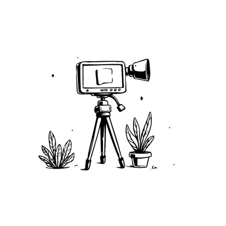 A vintage-styled illustration showcases a retro film camera perched on a tripod, complemented by potted plants. The monochrome sketch evokes a sense of nostalgia and artistic media production, withのイラスト素材