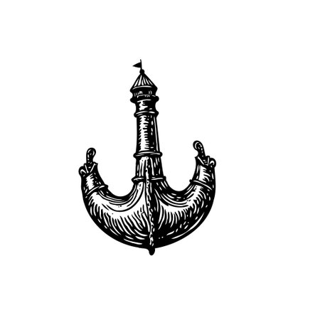 A vintage engraving features a unique nautical symbol combining an anchor and a tower. This...