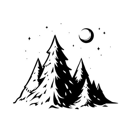 A captivating monochrome illustration depicts a serene nighttime forest under a starlit sky, featuring majestic evergreen silhouettes and a crescent moon. The tranquil landscape evokes feelings ofのイラスト素材