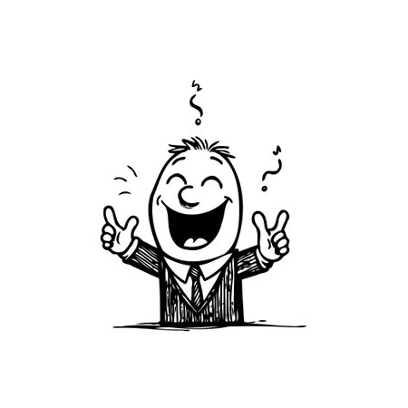 A delightful cartoon illustration portrays a cheerful businessman expressing success with a big smile and thumbs up. The whimsical design uses simple lines to convey joy, optimism, and confidence,のイラスト素材