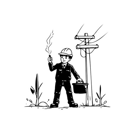An illustrative depiction of a lineman worker conducting a routine inspection of high voltage power lines alongside an electrical utility pole, emphasizing safety protocols and necessary maintenanceのイラスト素材