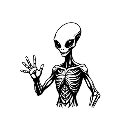 An imaginative depiction showcases a grayscale alien entity, a skeletal frame revealed in detail....