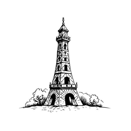 An ink sketch portrays a tall, slender tower with multiple levels, set against a backdrop suggesting a gentle landscape. The image captures the essence of architectural detail. It could represent aのイラスト素材