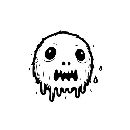 A cute monochrome blob character features dripping substance, wide eyes, and a toothy grin, rendering a funny illustration. The minimalist design provides a mix of adorable and spooky, suitable forのイラスト素材