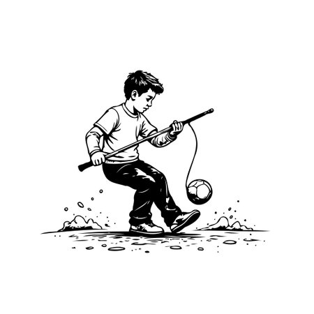 A black and white sketch captures a young boy engrossed in a game with a ball attached to a string, maneuvered skillfully with a stick. This illustration highlights themes of playfulness, youthfulのイラスト素材