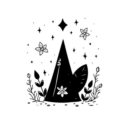 A charming black and white illustration featuring a pointed shape at its center, surrounded by delicate floral and star-like elements. The design evokes a sense of whimsy and magic, with a handmadeのイラスト素材