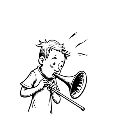 A monochrome illustration captures a young boy enthusiastically playing a trombone. His concentrated expression and the radiating lines suggesting the sound create a sense of playful musicalのイラスト素材