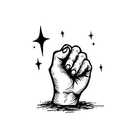 A striking illustration of a clenched fist emerging powerfully, conveying themes of strength, resilience, and empowerment. The accompanying celestial sparkles add a touch of magic and inspiration,のイラスト素材