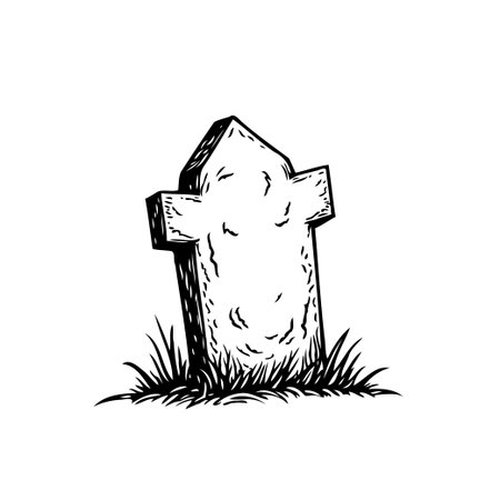A somber monochrome drawing of a tombstone rising from a patch of grass, capturing the essence of remembrance and the enduring nature of mortality. The etched details create a sense of history andのイラスト素材