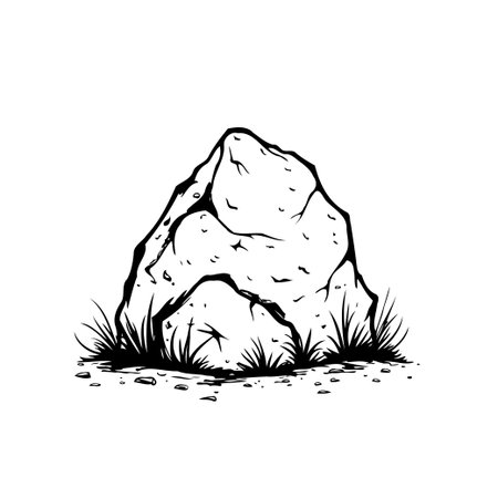 A black and white depiction displays a large, irregularly shaped boulder sitting on the ground. Small pebbles and scattered tufts of grass surround its base adding dimension. This illustrationのイラスト素材