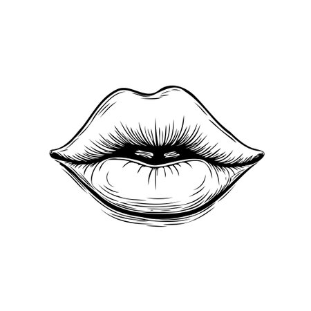 An artistic representation of human lips, depicted in a detailed anatomical sketch with fine lines and intricate shading. The artwork captures the natural structure of the mouth, embodying feminineのイラスト素材
