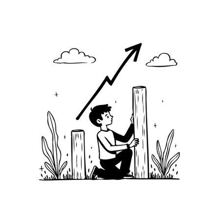 An illustrative depiction shows a person actively involved with escalating columnar structure, symbolizing personal or professional advancement, and overall positive growth trajectory towardsのイラスト素材