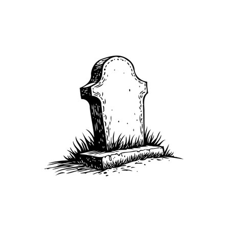 An evocative gravestone illustration set against a clean background emphasizes themes of memory and time's passage. The weathered tombstone, framed by simple grass, invites contemplation andのイラスト素材