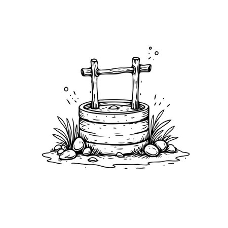 Detailed sketch illustration of an old well, evoking a sense of history and simpler times. The drawing features meticulous line work and captures the essence of a bygone era, showcasing the rusticのイラスト素材
