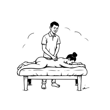 A detailed monochrome line drawing shows a man providing a back massage to a woman lying prone on a massage table, emphasizing the serenity of wellness and the human touch in therapeutic care forのイラスト素材