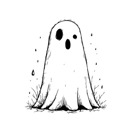 A simplistic spectral being drawing shows a white figure with exaggerated expressions hovering above a ground like surface rendered in grunge style, created with ink brush and artistic feel aのイラスト素材