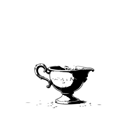A refined monochrome illustration presents a vintage gravy boat, showcasing its elegant form and classic design. The intricate details and contrasting shades highlight its beauty and function as aのイラスト素材