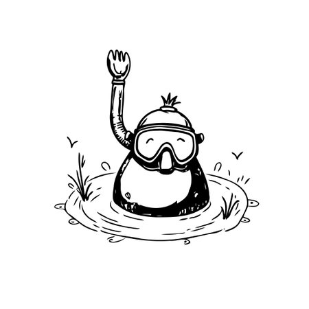 A hand-drawn cartoon style illustration features a whimsical diver happily waving while emerging from a pool. The diver sports a snorkel and mask adding to the comical and cheerful scene, suggestingのイラスト素材