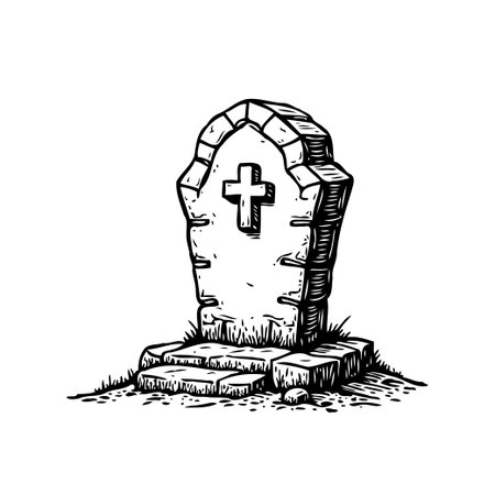 A detailed monochrome illustration depicts an aged tombstone, featuring a central cross, nestled within a serene graveyard setting. It evokes themes of remembrance and the transient nature of life,のイラスト素材