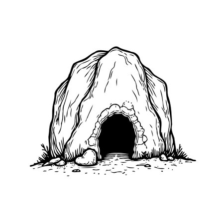An original hand-drawn illustration portraying a simple cave dwelling, evoking a sense of primal shelter and ancient living. The sketch captures the ruggedness of the stone and the dark depth of theのイラスト素材