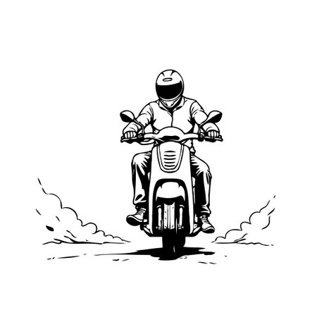 A stylized silhouette illustration capturing a rider on a classic motorbike speeding forward. The image evokes a sense of freedom and adventure on open country roads, highlighting the thrill ofのイラスト素材
