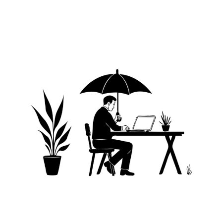 A monochrome illustration depicts a businessman at his desk, protected by an umbrella. This image represents the security and resilience needed in the business world, where one can face challenges.のイラスト素材