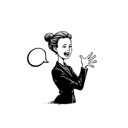 Illustrated image depicts a professional woman in a suit, animatedly sharing an idea or thought. Her gesture and a speech bubble suggest communication, dialogue, and enthusiasm. Perfect forのイラスト素材