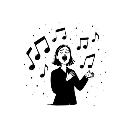 A stylized black and white illustration portrays a woman deeply engaged in singing. Musical notes float around her evoking a sense of melody and passion. The artwork captures the essence of artisticのイラスト素材
