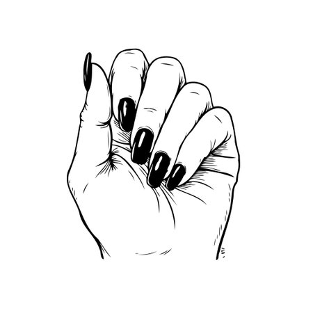 A captivating monochrome illustration showcases a woman's hand with exquisitely manicured nails. The sleek black polish exudes sophistication and style. This artwork conveys beauty throughのイラスト素材