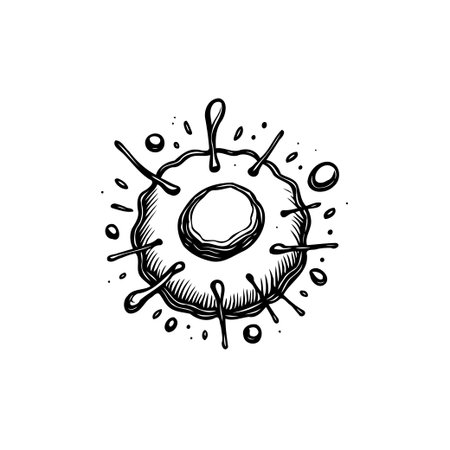 Detailed monochrome illustration exhibiting a stylized cell, complete with protruding fluidic elements and a centrally located nucleus. Evokes a sense of biological study or infectious agentのイラスト素材