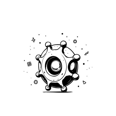 A stylized monochromatic illustration showing an abstract mechanical or cellular-like structure surrounded by scattered geometric elements. The drawing features a mix of organic and technologicalのイラスト素材