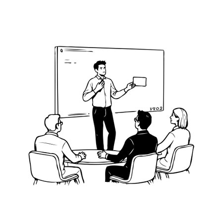 A business meeting with a presenter explaining strategies using a whiteboard, while colleagues actively listen around a table, this setting showing effective communication and team collaboration inのイラスト素材