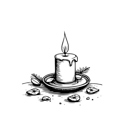 A simple hand-drawn illustration features a burning candle with melting wax on a decorative plate. Enhanced by botanical elements, this vintage-style graphic art adds a touch of serenity andのイラスト素材