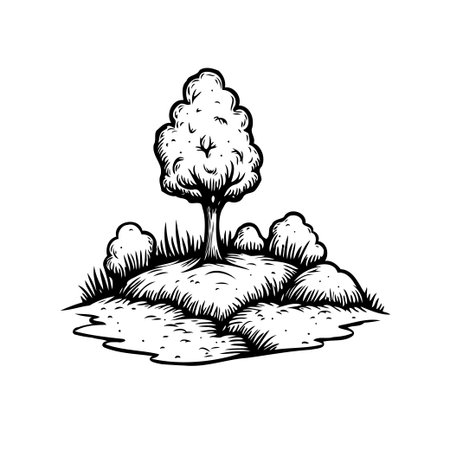 A simple yet evocative drawing presents a solitary tree perched atop a small, grassy knoll. The surrounding shrubs add depth, all rendered in detailed line art. The isolated setting emphasizes theのイラスト素材