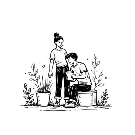 A calming monochromatic illustration depicts a woman standing beside a man seated amidst potted plants, symbolizing connection and shared moments in nature. The graphic style emphasizes simplicity,のイラスト素材