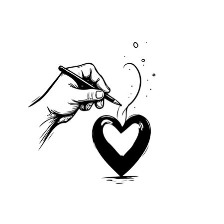 A detailed black and white illustration features a hand carefully drawing a stylized heart shape with a pen suggesting concepts of love affection artistic expression and heartfelt creativityのイラスト素材