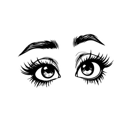A captivating illustration of expressive eyes showcases detailed eyelashes and eyebrows. The monochrome design emphasizes the beauty and style of the gaze, conveying emotion through artisticのイラスト素材