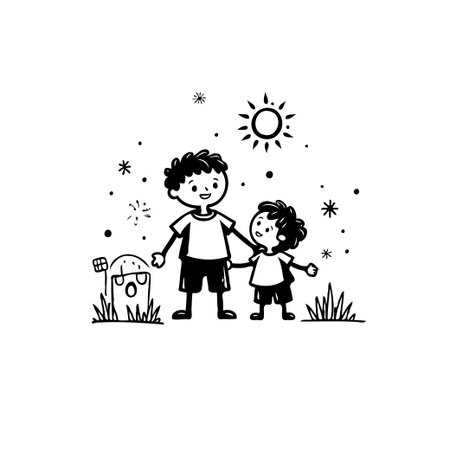 A heartwarming illustration shows two siblings enjoying a sunny day. The carefree artwork captures the essence of childhood, the beauty of sibling bond and creates a feeling of happiness and sharedのイラスト素材