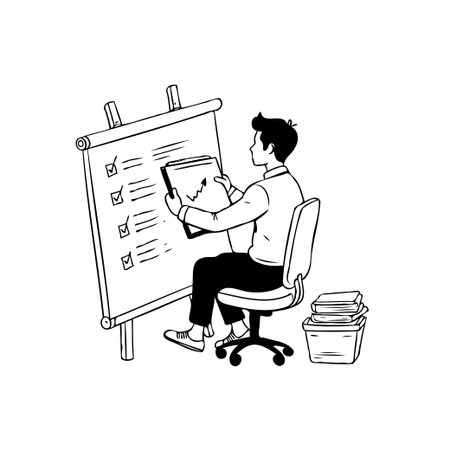 A hand-drawn illustration featuring a businessman reviewing a report and checklist displayed on a whiteboard, visualizing data for strategic planning and project management, emphasizing taskのイラスト素材