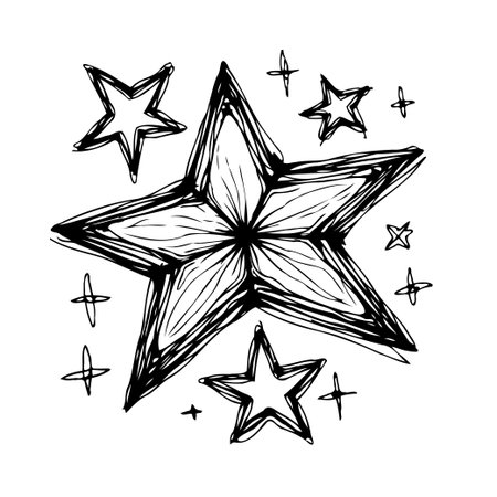 This hand-drawn illustration features a cluster of stars in a whimsical, artistic style, perfect for adding a touch of celestial charm to any project. The black and white design creates a timeless,のイラスト素材